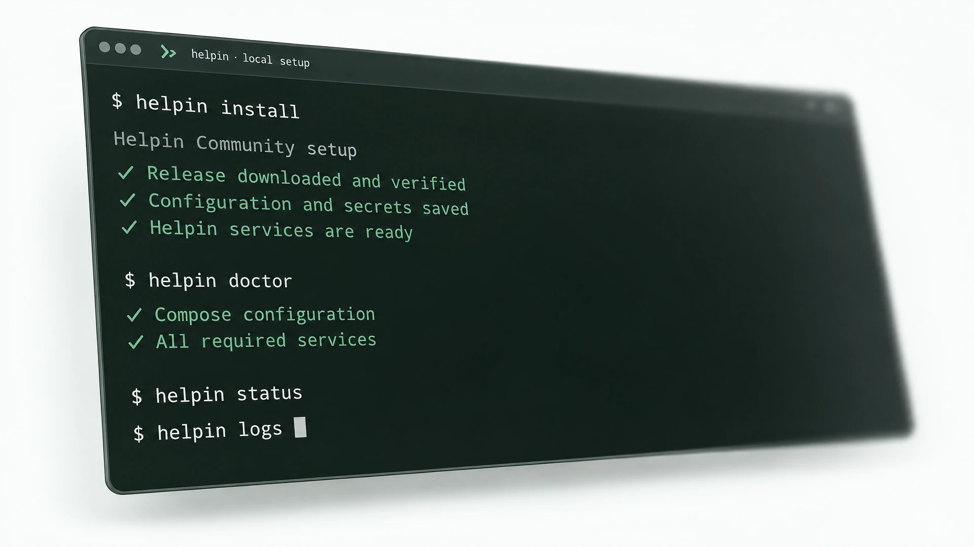 Tilted Helpin CLI terminal showing installation checks, diagnostics, status, and logs.